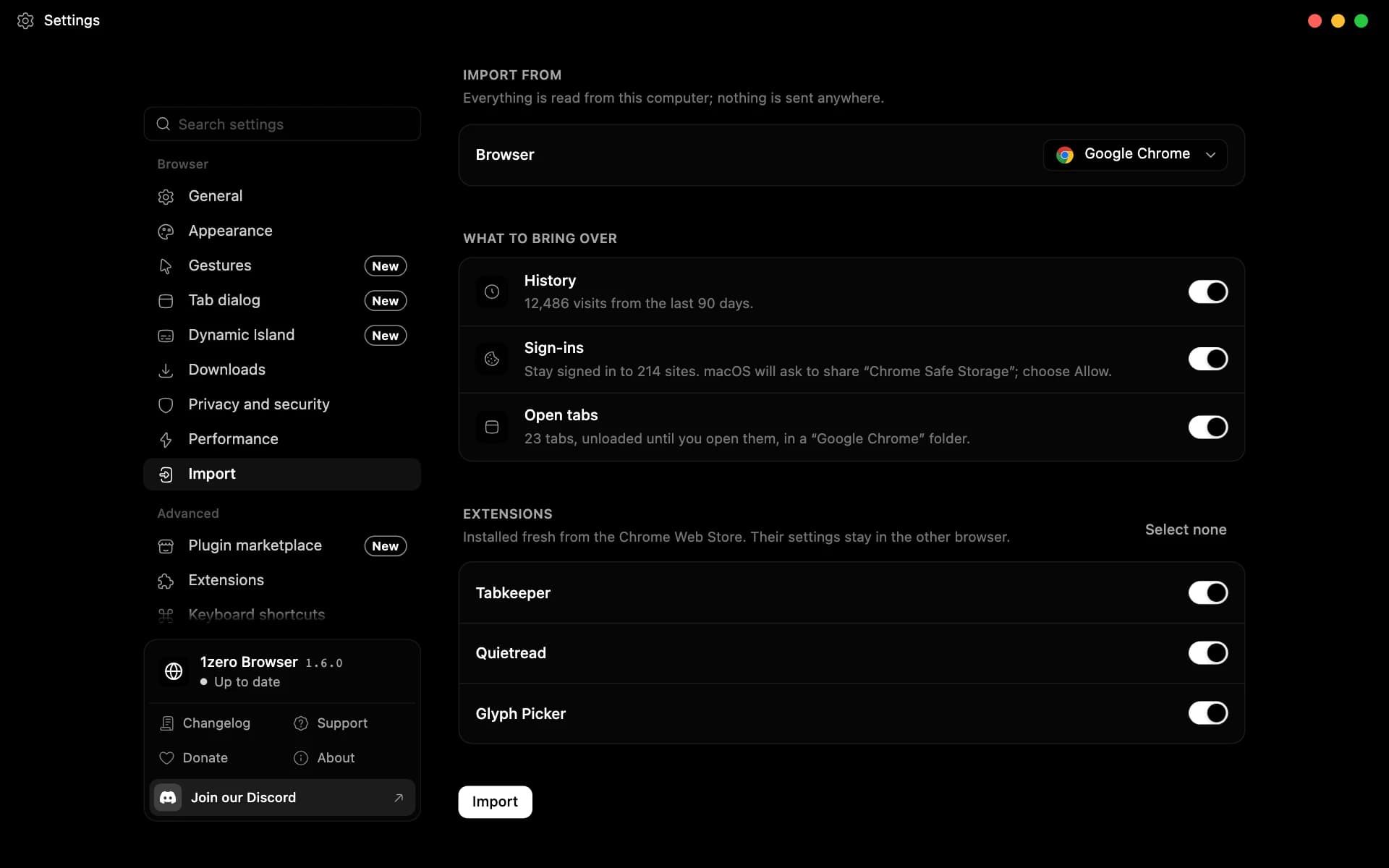 Import settings with another browser's history, sign-ins, open tabs, and extensions ready to bring over