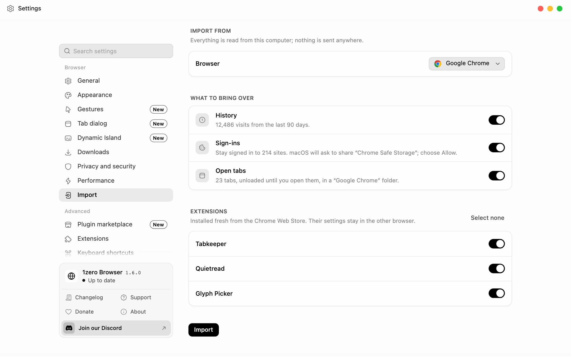 Import settings with another browser's history, sign-ins, open tabs, and extensions ready to bring over