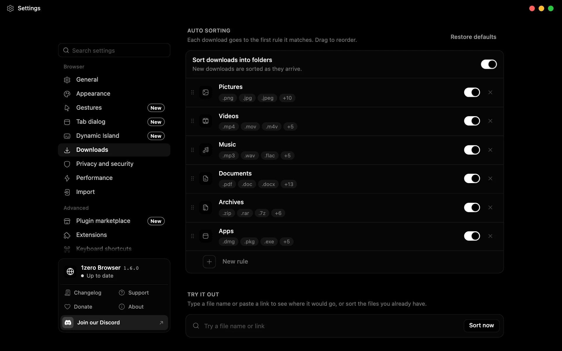 Downloads settings with auto sorting on and rules for pictures, videos, music, documents, archives, and apps