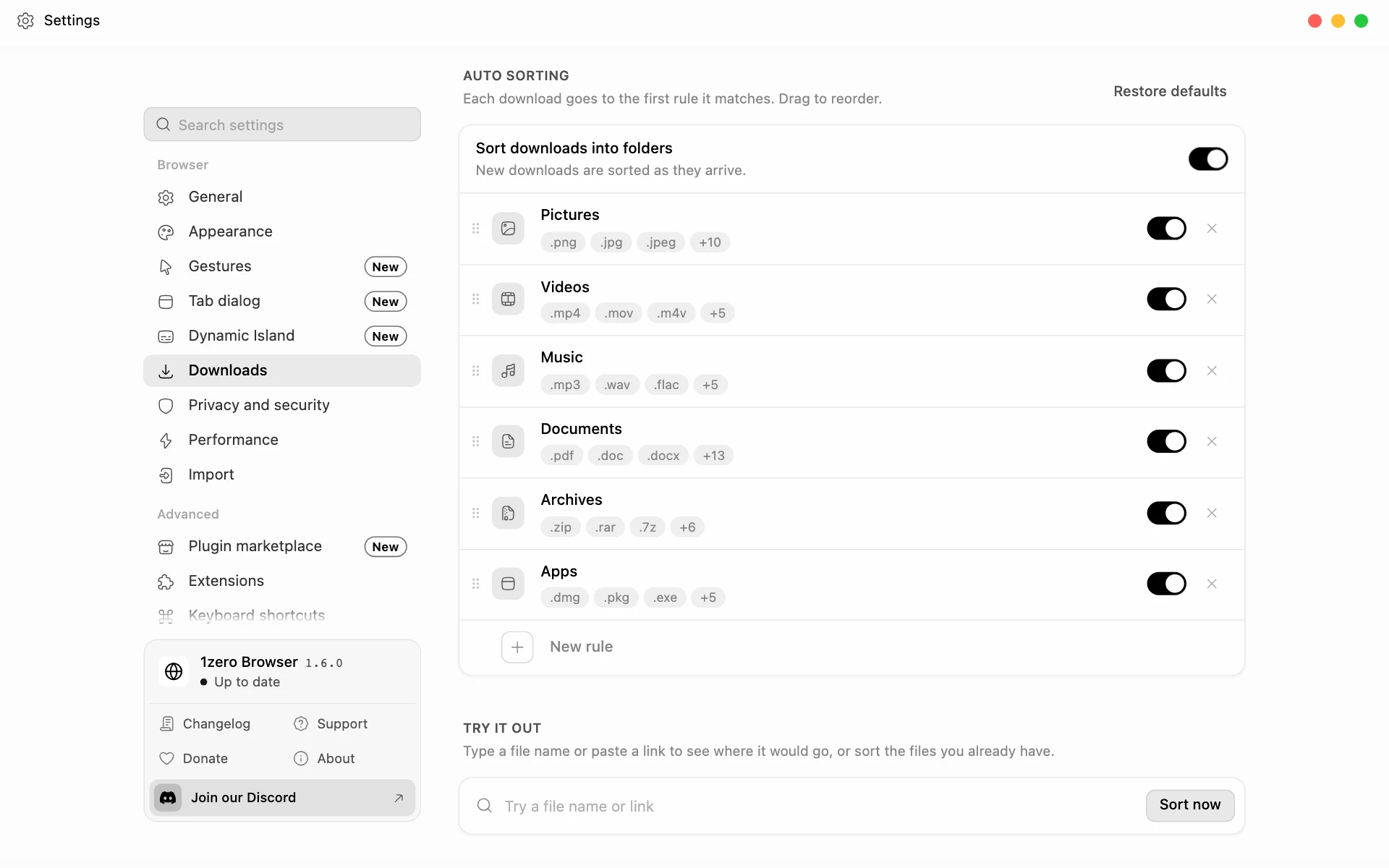 Downloads settings with auto sorting on and rules for pictures, videos, music, documents, archives, and apps