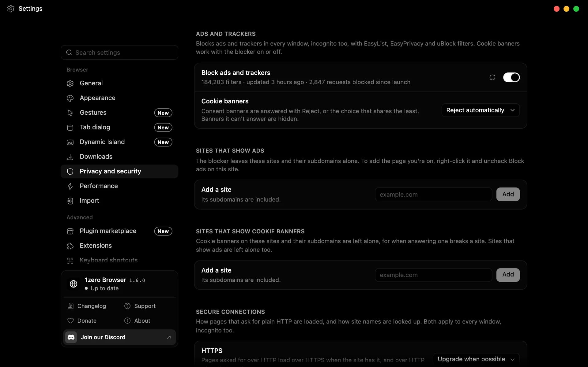 Privacy settings with ad and tracker blocking on, thousands of requests blocked, and cookie banners rejected automatically
