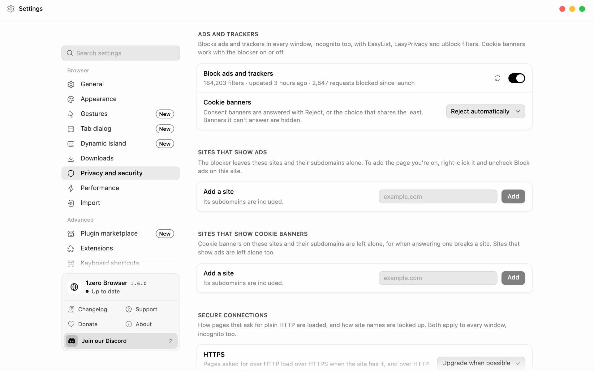 Privacy settings with ad and tracker blocking on, thousands of requests blocked, and cookie banners rejected automatically